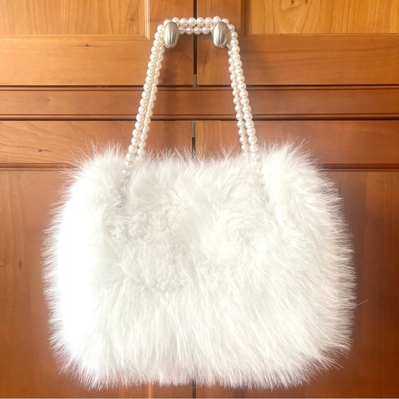 Handbags - Genuine Fox Fur & Pearl Embossed Handle Straps Satchel Bag In Snow White Color